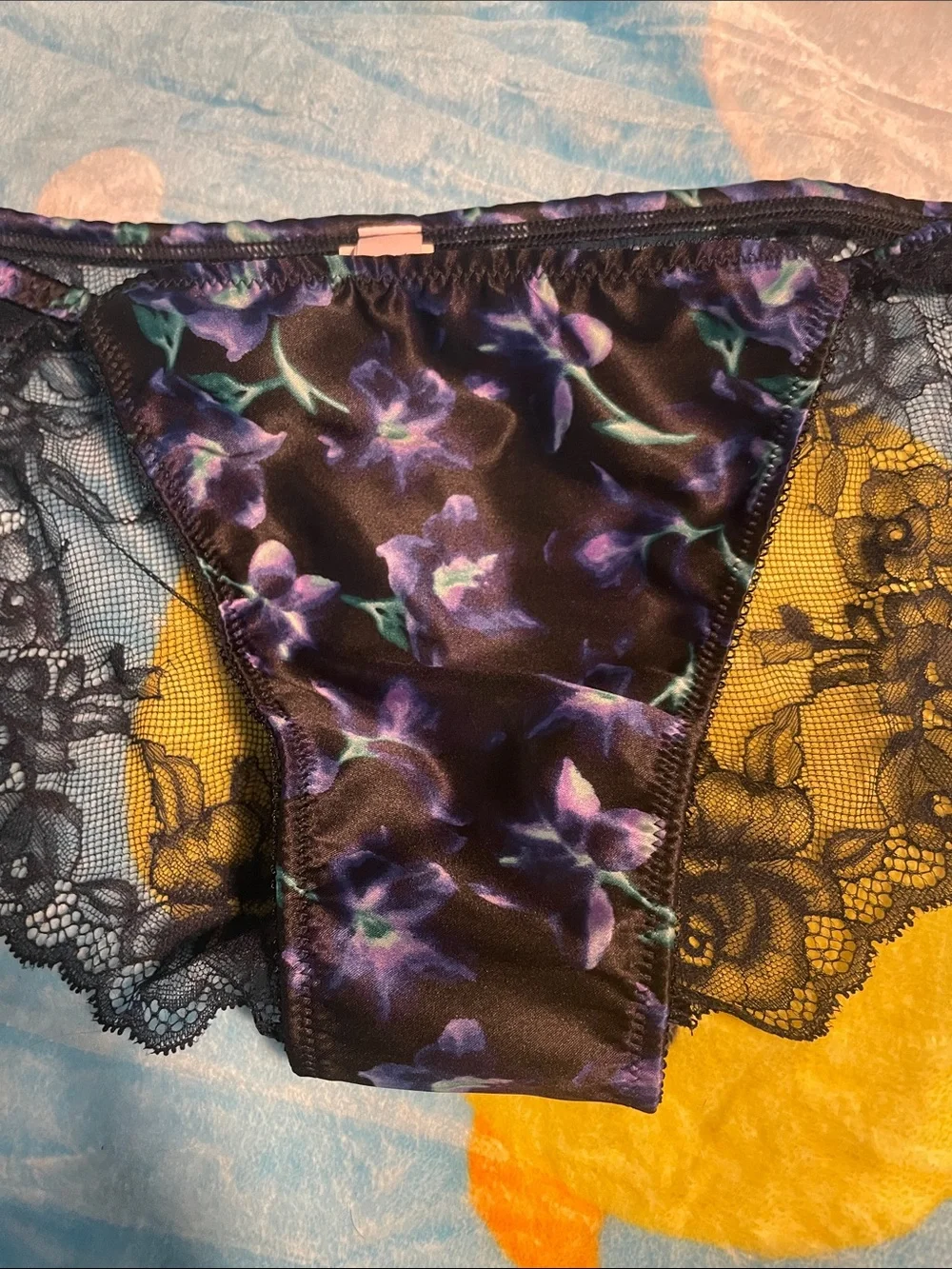 Victoria's Secret Black Floral Satin & Navy Lace Bikini Panty